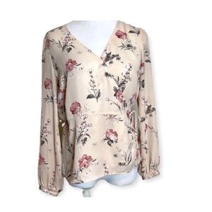 ROSE & OLIVE Women’s Floral Wrap Blouse Top Medium Pink Long Sleeve Lightweight